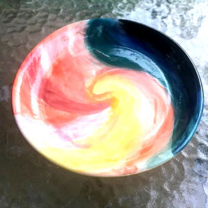 Spiral Pattern Pottery Plate in Teal, Coral, and Yellow/Handcrafted Pottery